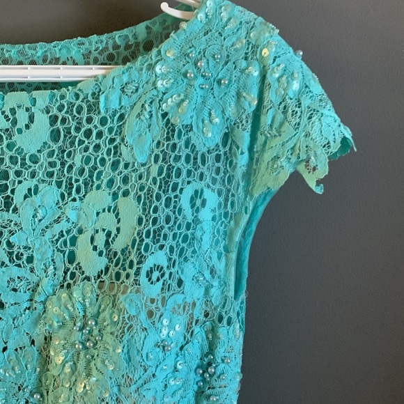 Wedding guest prom evening mermaid fairy beaded maxi Turquoise Lace Dress - Picture 3 of 7